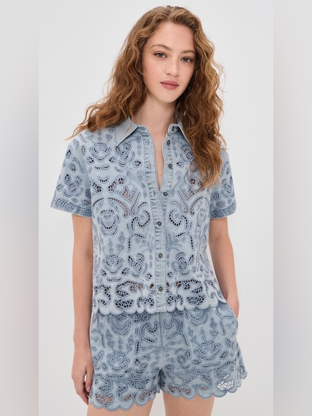 NWT Alice + Olivia Lane Denim Light Blue Eyelet Button-Down Shirt and Short Set
